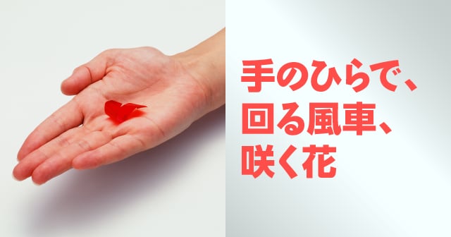 手のひらで、回る風車、咲く花